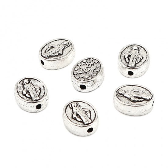 Picture of Zinc Based Alloy Religious Spacer Beads Oval Antique Silver Color Virgin Mary About 10mm x 8mm, Hole: Approx 1.2mm, 50 PCs
