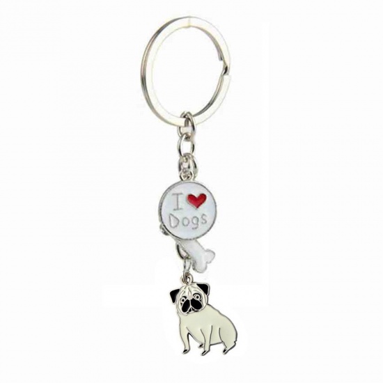 Picture of Pet Memorial Keychain & Keyring Silver Tone Beige Pug Bone Message " I Love Dogs " Enamel 10cm, 1 Piece