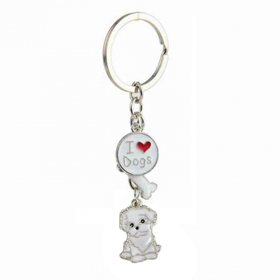 Picture of Pet Memorial Keychain & Keyring Silver Tone White Bichon Frise Animal Bone Message " I Love Dogs " Enamel 10cm, 1 Piece