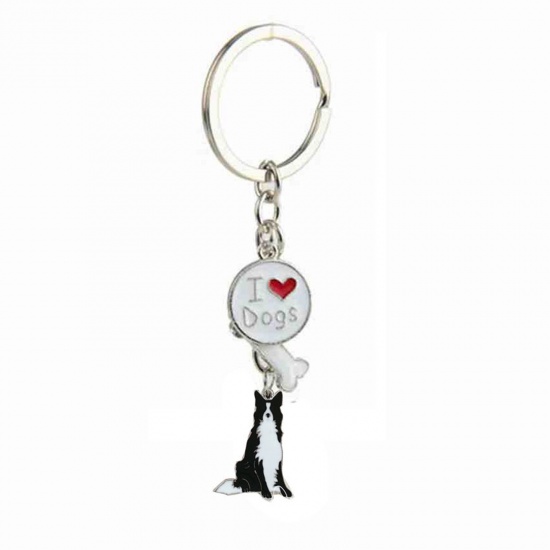 Picture of Pet Memorial Keychain & Keyring Silver Tone Black German Shepherd Animal Bone Message " I Love Dogs " Enamel 10cm, 1 Piece