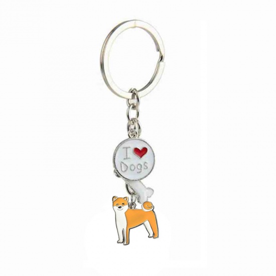 Picture of Pet Memorial Keychain & Keyring Silver Tone Yellow Shiba Inu Dog Bone Message " I Love Dogs " Enamel 10cm, 1 Piece