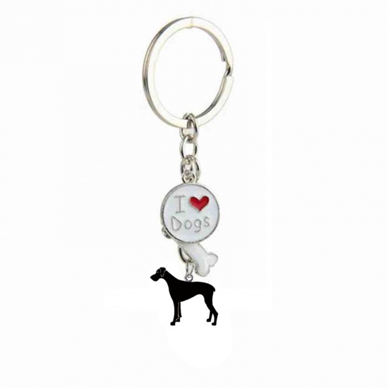 Picture of Pet Memorial Keychain & Keyring Silver Tone Black Great Dane Animal Bone Message " I Love Dogs " Enamel 10cm, 1 Piece
