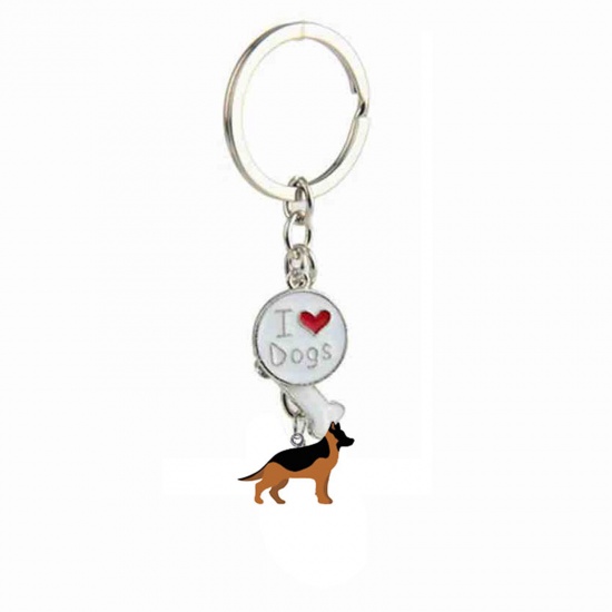 Picture of Pet Memorial Keychain & Keyring Silver Tone Brown German Shepherd Animal Bone Message " I Love Dogs " Enamel 10cm, 1 Piece
