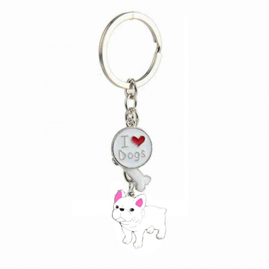 Picture of Pet Memorial Keychain & Keyring Silver Tone White French Bulldog Bone Message " I Love Dogs " Enamel 10cm, 1 Piece