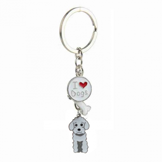 Picture of Pet Memorial Keychain & Keyring Silver Tone White Poodle Animal Bone Message " I Love Dogs " Enamel 10cm, 1 Piece