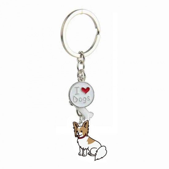 Picture of Pet Memorial Keychain & Keyring Silver Tone Brown Papillon Dog Bone Message " I Love Dogs " Enamel 10cm, 1 Piece