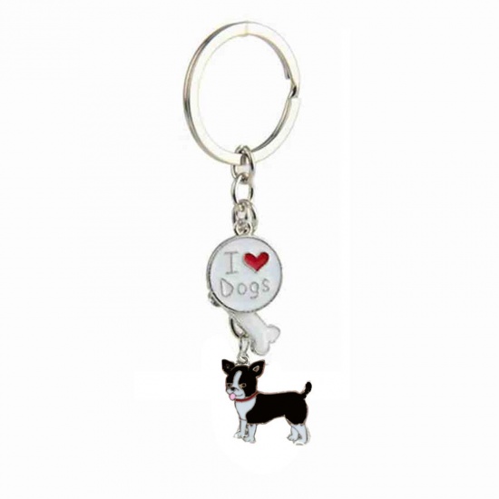 Picture of Pet Memorial Keychain & Keyring Silver Tone Black Chihuahua Dog Bone Message " I Love Dogs " Enamel 10cm, 1 Piece