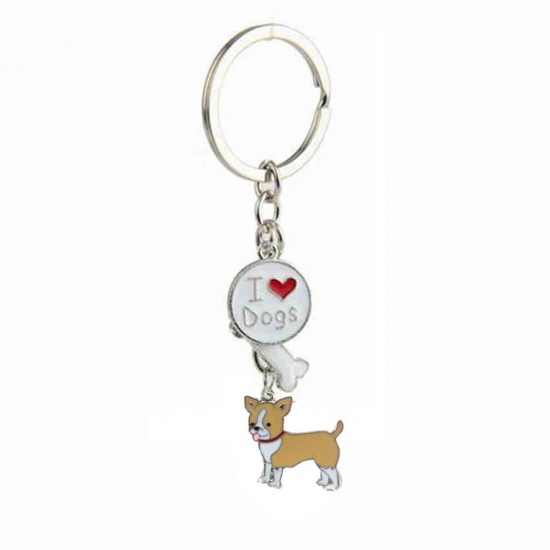 Picture of Pet Memorial Keychain & Keyring Silver Tone Brown Yellow Chihuahua Dog Bone Message " I Love Dogs " Enamel 10cm, 1 Piece