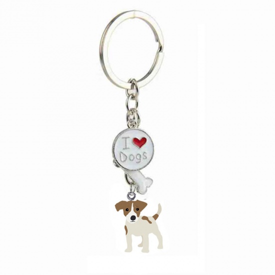 Picture of Pet Memorial Keychain & Keyring Silver Tone Brown Jack Russell Terrier Animal Bone Message " I Love Dogs " Enamel 10cm, 1 Piece