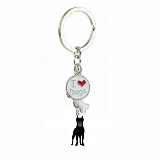 Picture of Pet Memorial Keychain & Keyring Silver Tone Black Canecorso Bone Message " I Love Dogs " Enamel 10cm, 1 Piece