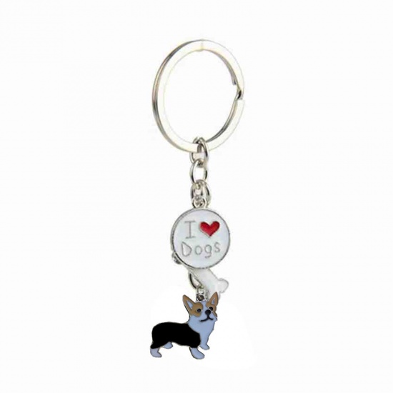 Picture of Pet Memorial Keychain & Keyring Silver Tone Multicolor Corrci Dog Bone Message " I Love Dogs " Enamel 10cm, 1 Piece