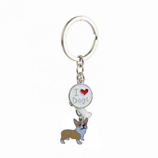 Picture of Pet Memorial Keychain & Keyring Silver Tone Brown Corrci Dog Bone Message " I Love Dogs " Enamel 10cm, 1 Piece