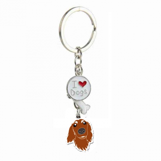 Picture of Pet Memorial Keychain & Keyring Silver Tone Brown Red Cocker Spaniel Animal Bone Message " I Love Dogs " Enamel 10cm, 1 Piece