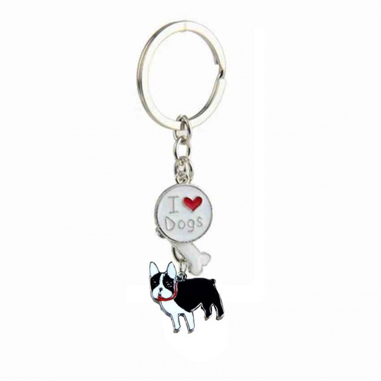 Picture of Pet Memorial Keychain & Keyring Silver Tone Black Bulldog Animal Bone Message " I Love Dogs " Enamel 10cm, 1 Piece