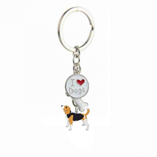 Picture of Pet Memorial Keychain & Keyring Silver Tone Multicolor Foxhound Bone Message " I Love Dogs " Enamel 10cm, 1 Piece
