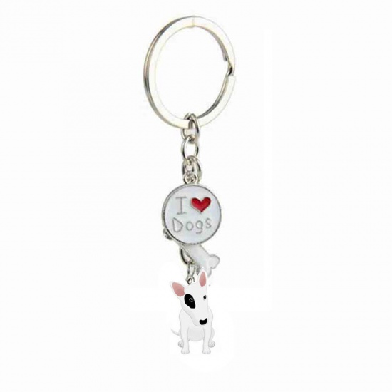 Picture of Pet Memorial Keychain & Keyring Silver Tone White Bull Terrier Bone Message " I Love Dogs " Enamel 10cm, 1 Piece