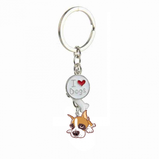Picture of Pet Memorial Keychain & Keyring Silver Tone Brown Boxer Dog Bone Message " I Love Dogs " Enamel 10cm, 1 Piece