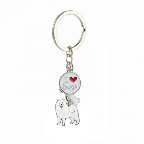 Picture of Pet Memorial Keychain & Keyring Silver Tone White Samoyed Dog Bone Message " I Love Dogs " Enamel 10cm, 1 Piece