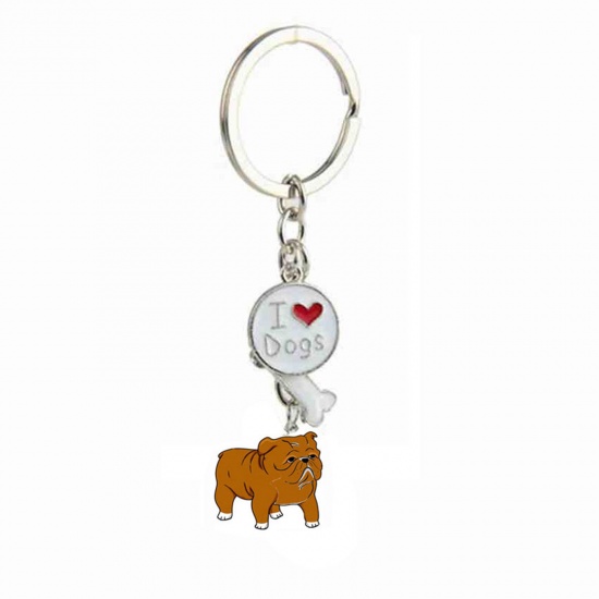 Picture of Pet Memorial Keychain & Keyring Silver Tone Brown Red Shar Pei Bone Message " I Love Dogs " Enamel 10cm, 1 Piece