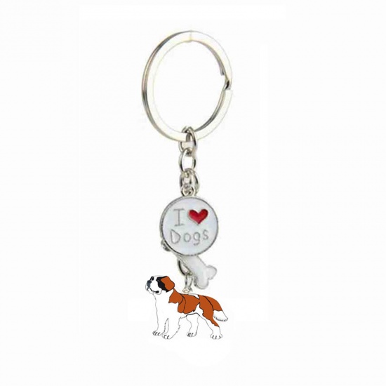 Picture of Pet Memorial Keychain & Keyring Silver Tone Brown Red Saint Bernard Bone Message " I Love Dogs " Enamel 10cm, 1 Piece
