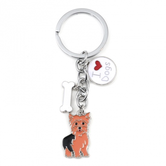 Picture of Pet Memorial Keychain & Keyring Silver Tone Ginger Yorkie Animal Bone Message " I Love Dogs " Enamel 10cm, 1 Piece
