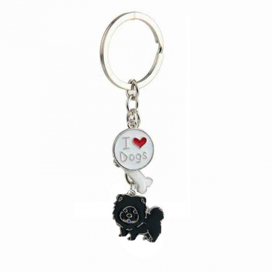 Picture of Pet Memorial Keychain & Keyring Silver Tone Black Chow Chow Dog Bone Message " I Love Dogs " Enamel 10cm, 1 Piece