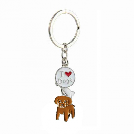 Picture of Pet Memorial Keychain & Keyring Silver Tone Brown Red Poodle Animal Bone Message " I Love Dogs " Enamel 10cm, 1 Piece