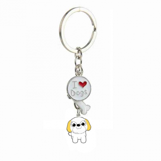Picture of Pet Memorial Keychain & Keyring Silver Tone White Shih Tzu Dog Bone Message " I Love Dogs " Enamel 10cm, 1 Piece