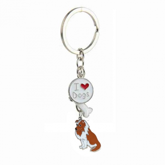 Picture of Pet Memorial Keychain & Keyring Silver Tone Brown Red Shetland Sheepdog Bone Message " I Love Dogs " Enamel 10cm, 1 Piece