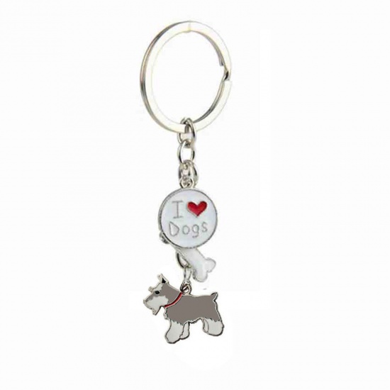 Picture of Pet Memorial Keychain & Keyring Silver Tone Gray Schnauzer Animal Bone Message " I Love Dogs " Enamel 10cm, 1 Piece