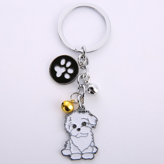 Picture of Pet Memorial Keychain & Keyring Silver Tone White Bichon Frise Animal Bell Enamel 10cm, 1 Piece