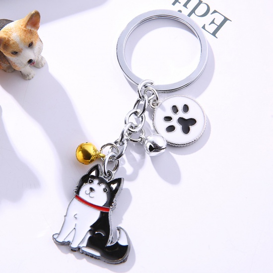 Picture of Pet Memorial Keychain & Keyring Silver Tone Black Husky Animal Bell Enamel 10cm, 1 Piece
