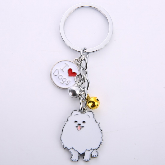 Immagine di Memoriale dell'animale Anello Portachiavi Tono Argento Bianco Pomerania Sonaglio Smalto 10cm, 1 Pz
