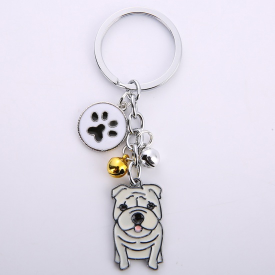 Immagine di Memoriale dell'animale Anello Portachiavi Tono Argento Beige Pug Sonaglio Smalto 10cm, 1 Pz
