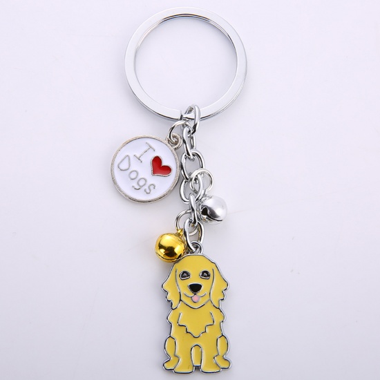 Picture of Pet Memorial Keychain & Keyring Silver Tone Yellow Golden Retriever Animal Bell Enamel 10cm, 1 Piece