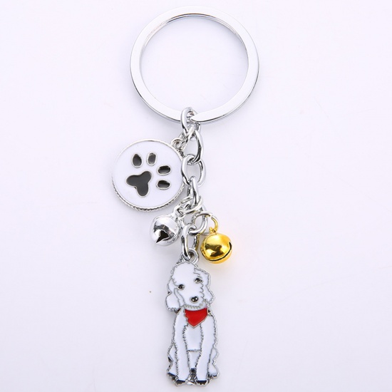 Picture of Pet Memorial Keychain & Keyring Silver Tone White Bedlington Terrier Bell Enamel 10cm, 1 Piece