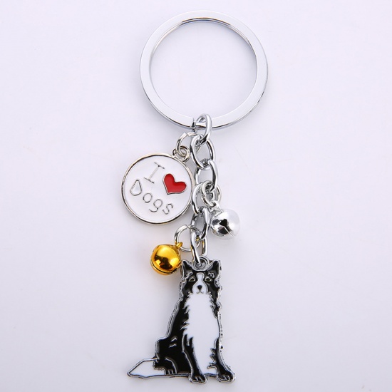 Picture of Pet Memorial Keychain & Keyring Silver Tone Black Border Collie Bell Enamel 10cm, 1 Piece
