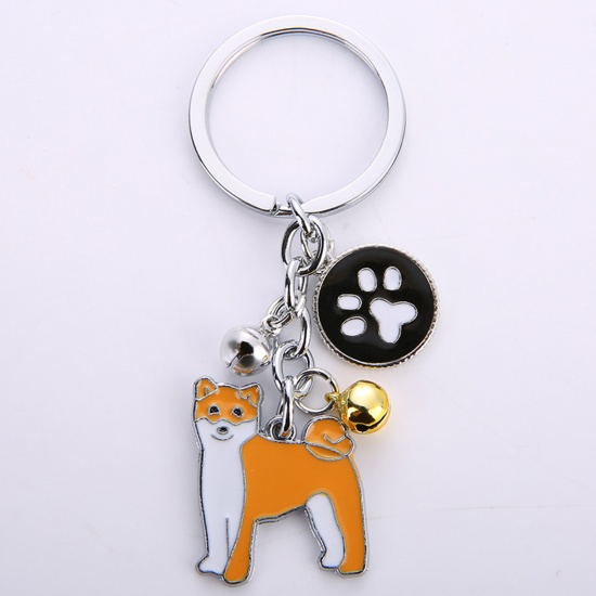 Picture of Pet Memorial Keychain & Keyring Silver Tone Orange Akita Bell Enamel 10cm, 1 Piece