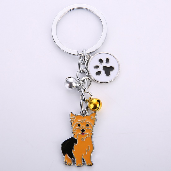 Immagine di Memoriale dell'animale Anello Portachiavi Tono Argento Arancione Yorkie Sonaglio Smalto 10cm, 1 Pz