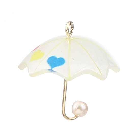 Image de Breloques en Alliage de Zinc+Résine Parapluie Imitation Perles Doré Beige Cœur 20mm x 18mm, 5 Pcs