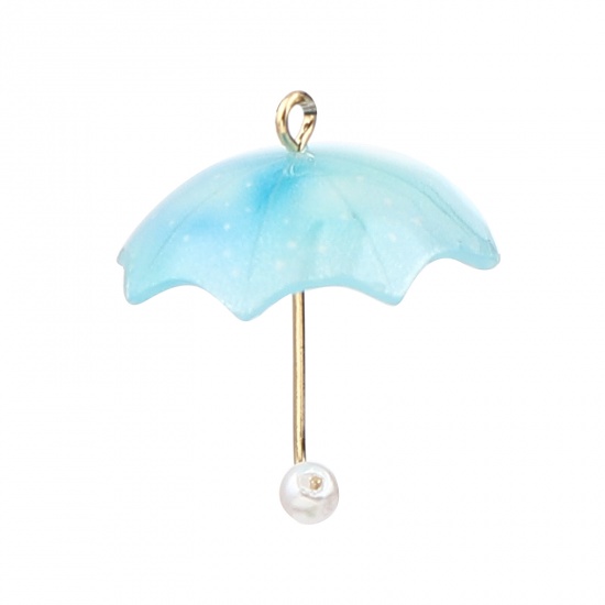 Image de Breloques en Alliage de Zinc+Résine Parapluie Imitation Perles Doré Bleu 20mm x 18mm, 5 Pcs