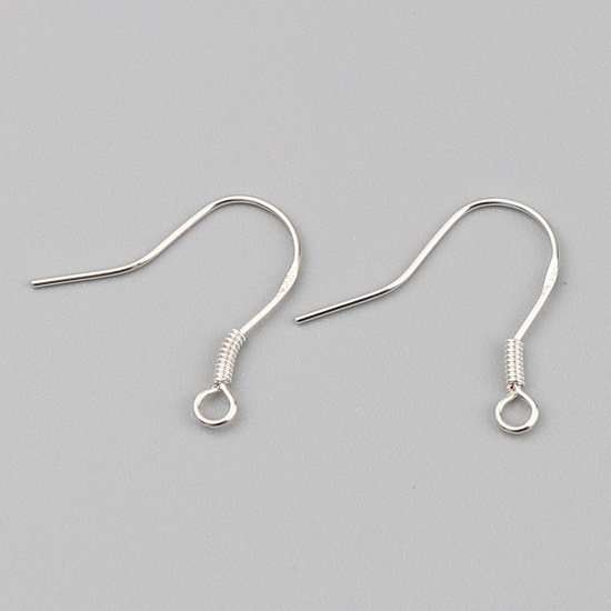 Picture of Sterling Silver Ear Wire Hooks Earring Findings Findings Spring Silver Color W/ Loop 17mm x 17mm, Post/ Wire Size: (24 gauge), 1 Gram (Approx 7-8 PCs)