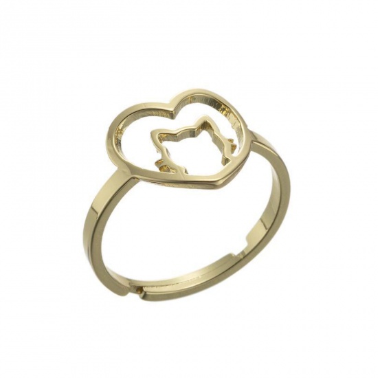 Picture of Stainless Steel Adjustable Rings Gold Plated Heart Cat 1 Piece