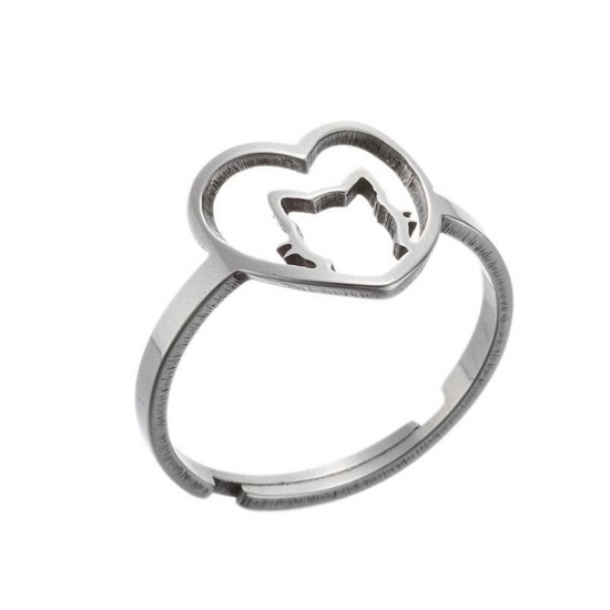 Picture of Stainless Steel Adjustable Rings Silver Tone Heart Cat 1 Piece