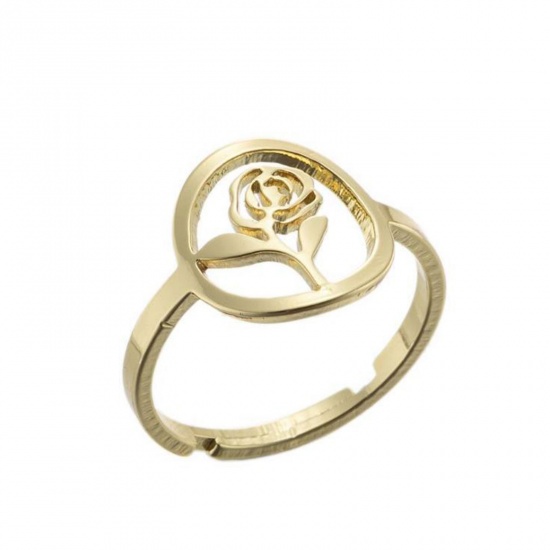 Picture of Stainless Steel Adjustable Rings Gold Plated Circle Ring Rose Flower 1 Piece