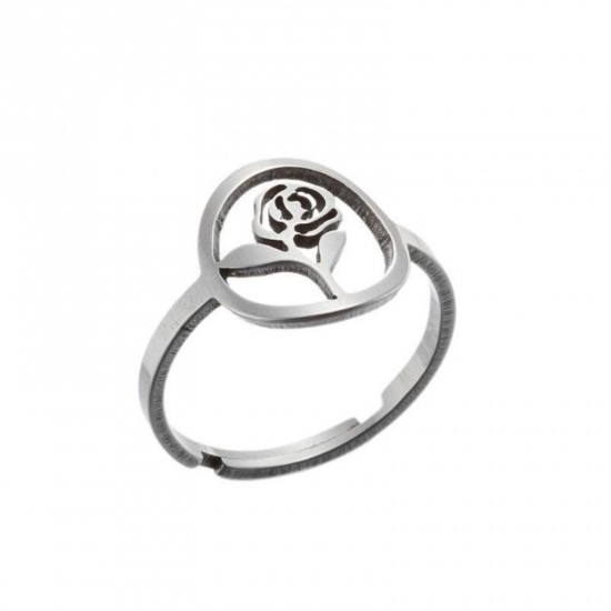 Picture of Stainless Steel Adjustable Rings Silver Tone Circle Ring Rose Flower 1 Piece