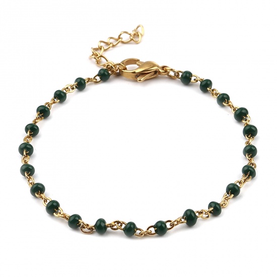Picture of Stainless Steel Link Cable Chain Bracelets Gold Plated Dark Green Enamel 17cm(6 6/8") long, 1 Piece