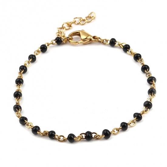 Picture of Stainless Steel Link Cable Chain Bracelets Gold Plated Black Enamel 17cm(6 6/8") long, 1 Piece