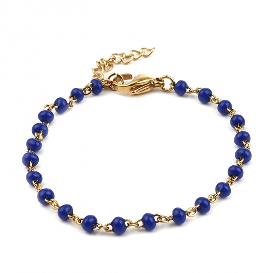 Picture of Stainless Steel Link Cable Chain Bracelets Gold Plated Royal Blue Enamel 17cm(6 6/8") long, 1 Piece