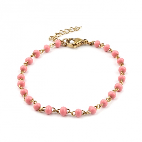 Picture of Stainless Steel Link Cable Chain Bracelets Gold Plated Peach Pink Enamel 17cm(6 6/8") long, 1 Piece